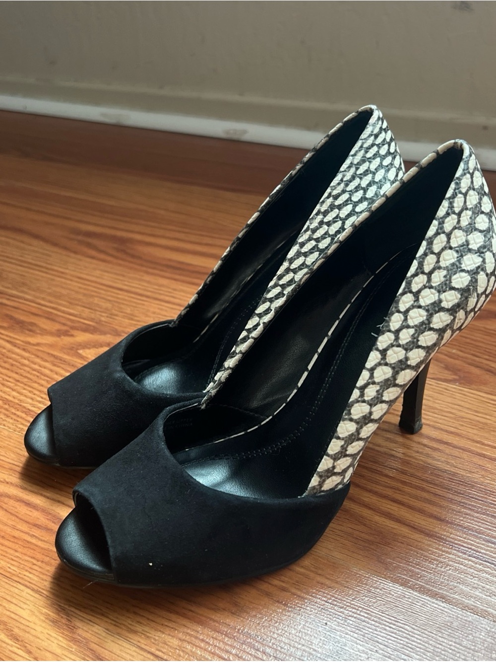 Tahari Black Peep-Toe Pumps with Snake-Print Heel Panel